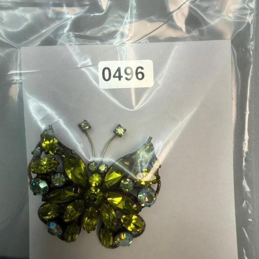 Vintage Regency Rhinestone‎ Butterfly Brooch Green Uranium Glass MCM Signed
